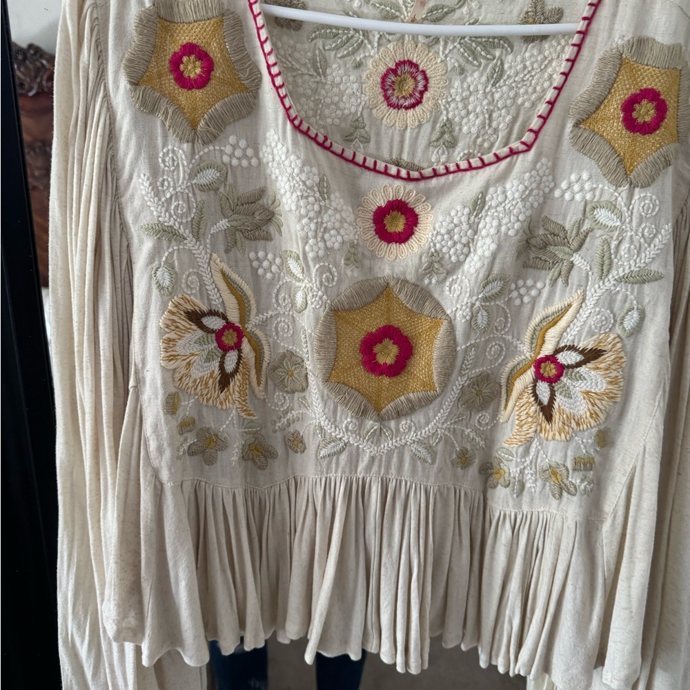 Free People Cream Floral Embroidered Blouse